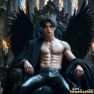 An unshirted man with black wings sits on a dark throne