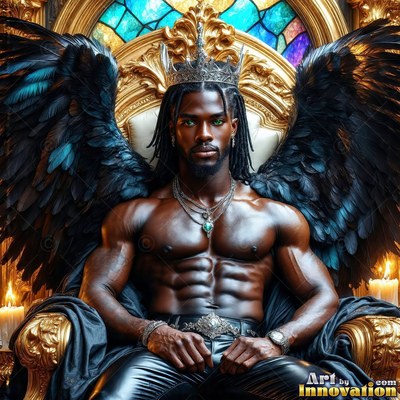 A winged man leans back on a gold chair under warm candlelight from below