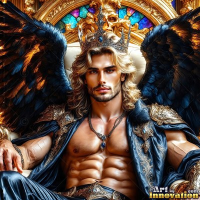 A shirtless man with large black wings and a crown sits on a gold chair