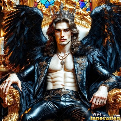 Sitting with black wings on a gold throne, a crowned man wears an open leather jacket