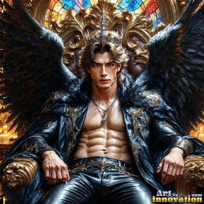 A winged man sits on a gold chair with soft candlelight behind him