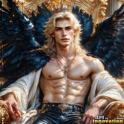 Reclining in a gold chair, a shirtless blond-haired man is seated with black wings behind him