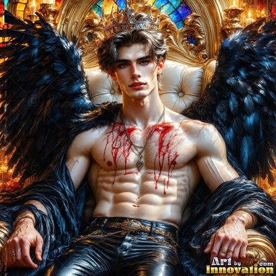 A man with black wings sits shirtless on a throne with blood on his chest
