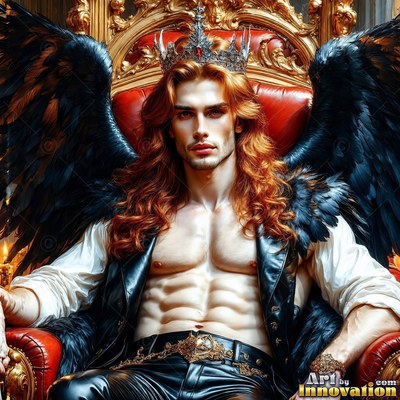 A bare-chested man with red hair and black wings sits crowned on a red throne