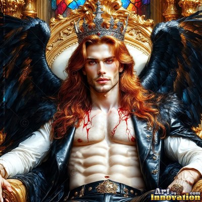 Seated on a gold throne, a crowned red-haired man with black wings bares his chest
