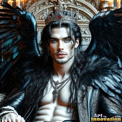 A shirtless pale man with black wings and a crown sits on a carved stone seat