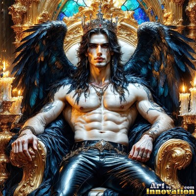 A man without a shirt with black wings sits on a gold chair