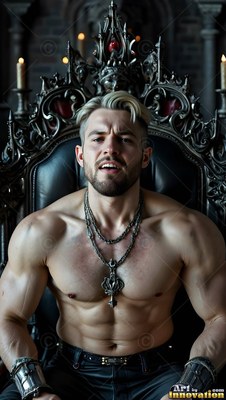 Silver chains hang on the bare chest of a muscular man sitting on a carved deep gray throne