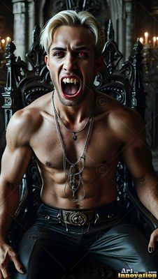 A shirtless man bares his vampire fangs from a black chair in dim candlelight