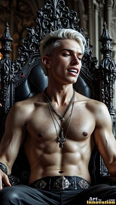 A shirtless blond man with necklaces smiles while sitting on a black throne