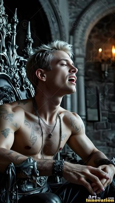 In a dim stone hall, a shirtless light-haired man with tattoos reclines on a dark metal seat