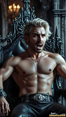Snarling on a black metal throne, a shirtless blond man shows sharp vampire fangs