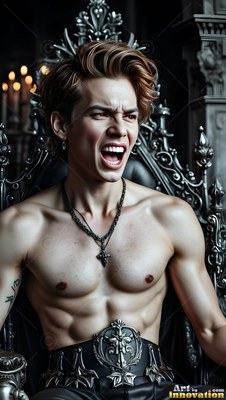 A shirtless man shouts while sitting on a dark throne