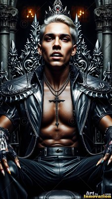 A silver crown rests on a blond man seated on a dark metal throne with candlelight