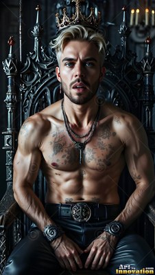 A man without a shirt wearing a crown sits on a carved black throne in cool pale light