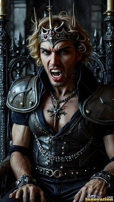 Sitting on a deep gray throne, a crowned vampire man snarls with fangs showing