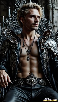 A blond man in an open black leather jacket sitting on a metal throne