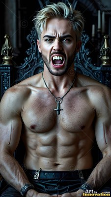 On a dark chair, a shirtless blond man with fangs snarls with his mouth open