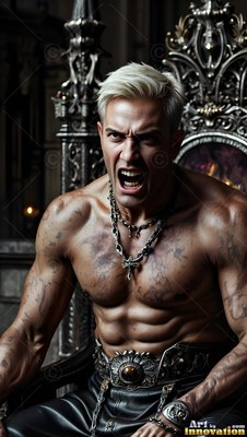 Snarling on a dark gothic throne, a shirtless muscular man bares his teeth