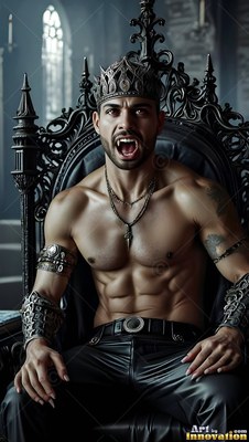 Unshirted man with vampire fangs and a crown sitting on a dark throne