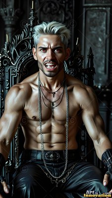 Wearing long silver chains, a muscular man without a shirt snarls from a dark carved throne