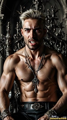A shirtless muscular man snarls from a metal seat lit by cool silver light