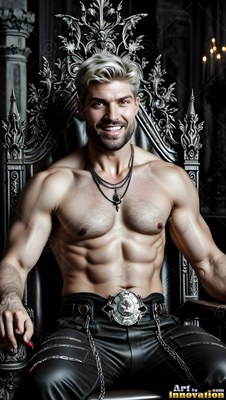 Sitting forward on a gothic silver chair, a smiling shirtless man wears black pants