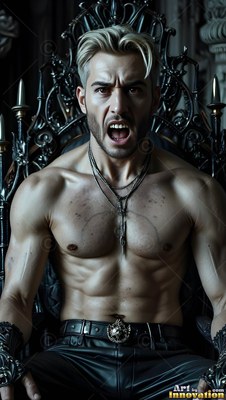 A muscular man with a bare chest with blond hair shouts while sitting on a dark metal throne