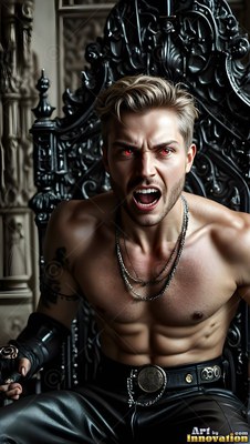 On a black carved chair, a shirtless man with red eyes shouts in anger