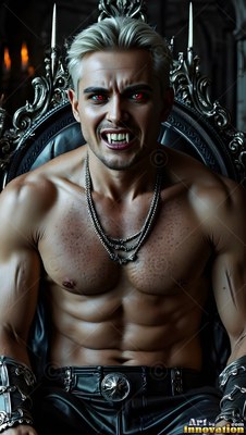 Baring sharp fangs, a muscular blond man with red eyes sits shirtless on a dark throne
