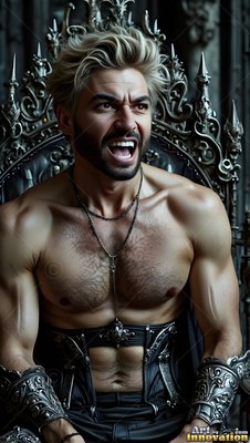 A shirtless man with blond hair yells from a dark metal chair