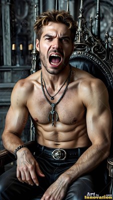 A silver pendant hangs on a man with a bare chest shouting fiercely from a dark gothic throne