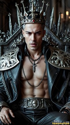 A crowned seated man on a dark metal throne with silver light on his bare chest