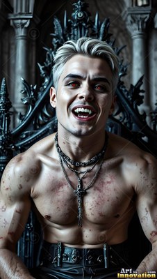 Sitting upright on a dark gothic chair, a shirtless vampire man smiles with fangs