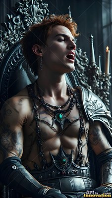 A shirtless red-haired man bares his fangs while sitting on a dark throne