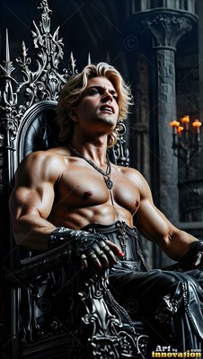 In a stone hall, a muscular shirtless golden-haired man sits on a dark throne