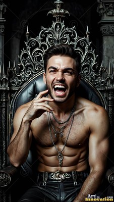 Shouting in anger, a shirtless muscular man leans back on a dark metal throne