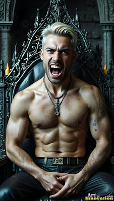 Shirtless light-haired man screaming while seated on a black throne