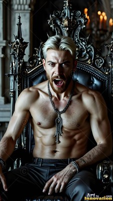 Bare-chested with light hair, a shouting man rests on a dark carved throne with candles behind him