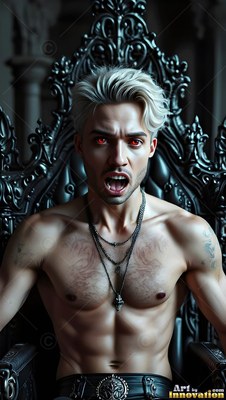 A shirtless man snarls from a black carved chair, his red eyes sharp in dim light