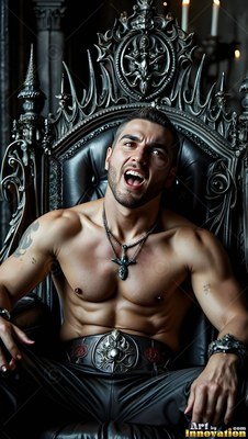 Slouched in a black leather seat, a shirtless man yells in a dark hall