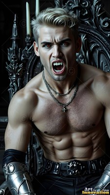 A shirtless blond vampire man is seated snarling on a carved dark chair