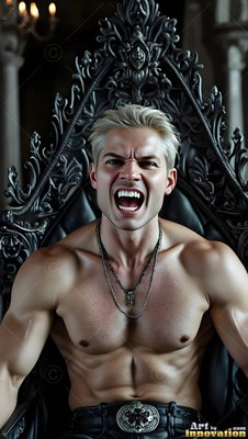 On a tall black chair, a muscular shirtless vampire man snarling with fangs bared
