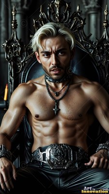 Sitting on a deep gray throne, a shirtless fair-haired man wears black leather pants and heavy necklaces