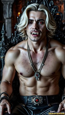 Shirtless blond vampire man with fangs sitting on a black throne