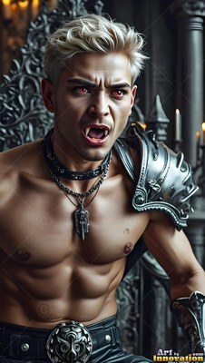 Blond hair tops a snarling man without a shirt in iron armor on a dark stone throne