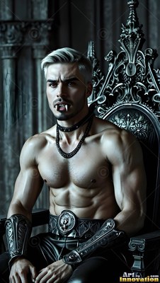 A muscular man with vampire fangs sits on a tall metal chair in cool dim light