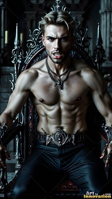 Leaning forward on a gothic throne, a muscular shirtless man bares his fangs