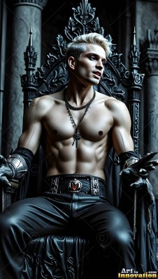 A shirtless blond-haired man rests on a dark carved throne wearing black leather pants