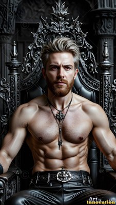 On a dark metal throne, a shirtless muscular man with a beard sits looking forward
